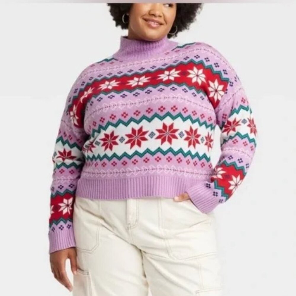 33 Degrees Orchid Pink Red Snowflakes Festive Holiday Turtleneck Sweater NWT XXL